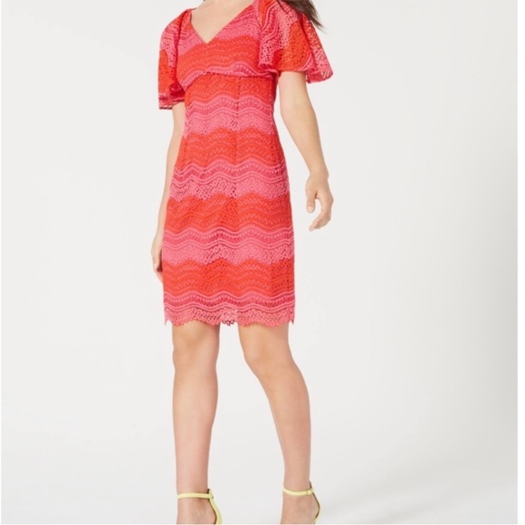 Trina Turk Red and Pink Color Wave Lace Dress - Picture 1 of 9